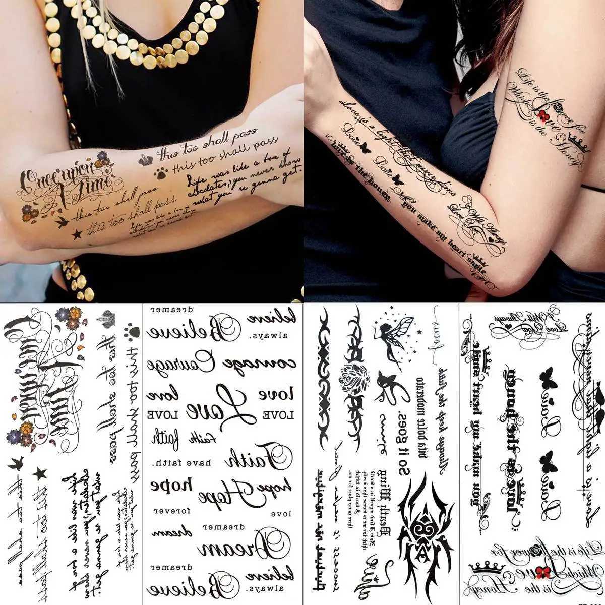 Transfert de tatouage 18 feuilles Inspirational Quotes Mots Tatouages temporaires pour adultes lettre noire faux tatouage petit oiseaux ECG Infinity tatoos pâte 240426