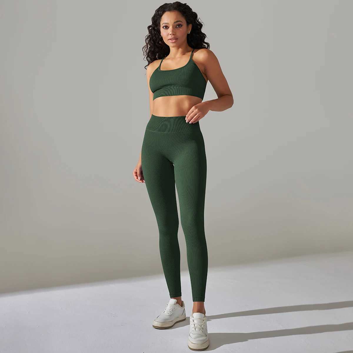 Women's Tracksuits Seamless ribbed womens sportswear two-piece yoga set high waisted gym legs crop top fitness set acid washed activity suit 240424