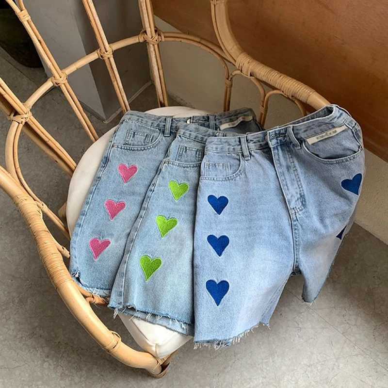 Kvinnors shorts gidyq kvinnor hög midja denim shorts koreansk mode kärlek broderade breda ben byxor kvinnor skjorta tassel lösa jeans nya y240425