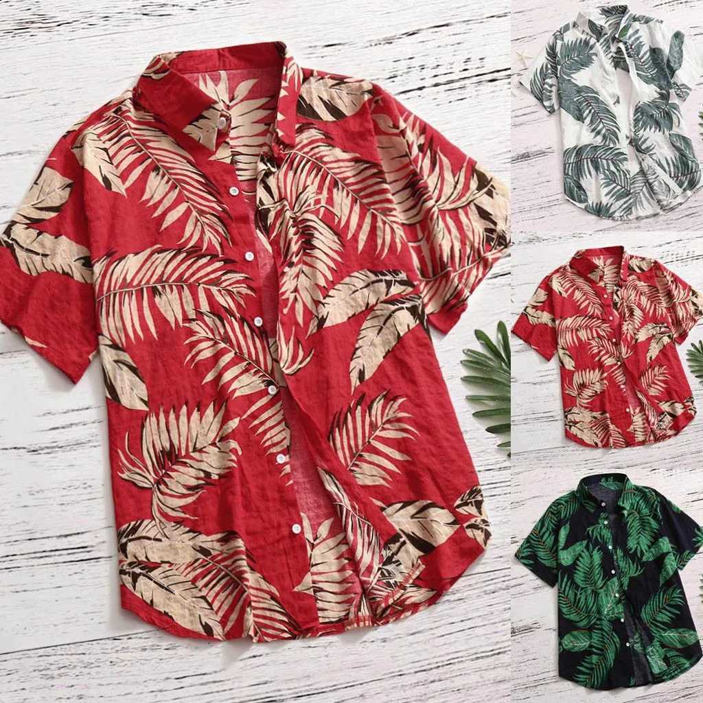 남성용 캐주얼 셔츠 남성 하와이 캐주얼 셔츠 세련된 열대 식물 프린트 짧은 슬리브 셔츠 느슨한 옷깃 버튼 블라우스 여름 알로하 비치웨어 240424