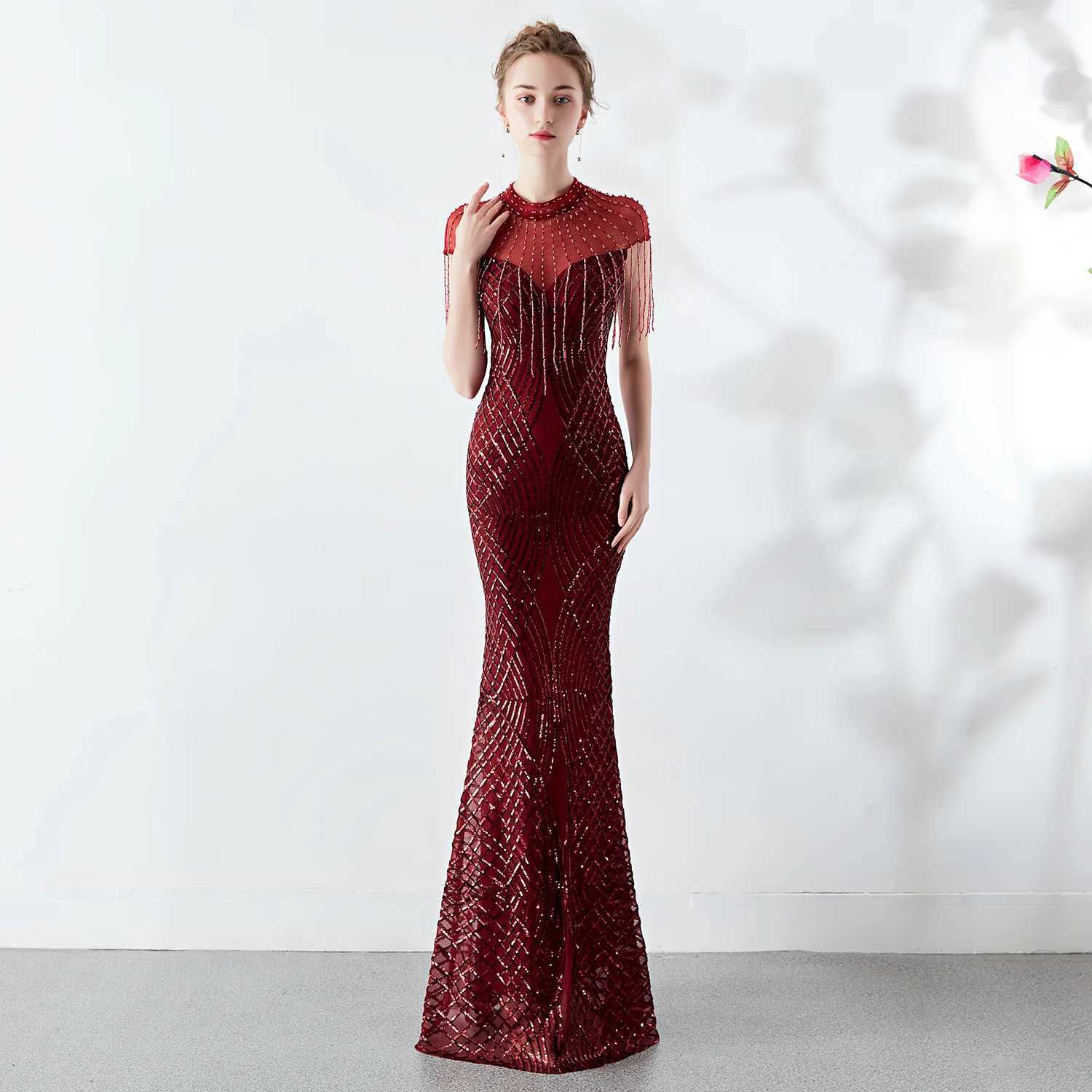 Runway Dresses 1586 Burgundy Sequin Evening Dress Elegant Beading Long Party Dress Y240426