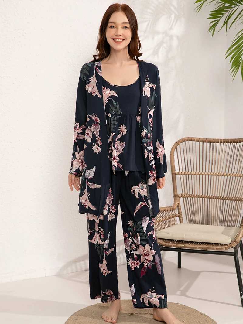 Dames slaapkleding dames pyjams set 3 stuks 100% viscose home pijima losse set slpwear geprint plus size s-3xl los comfortabel vrouwelijk pijima y240426