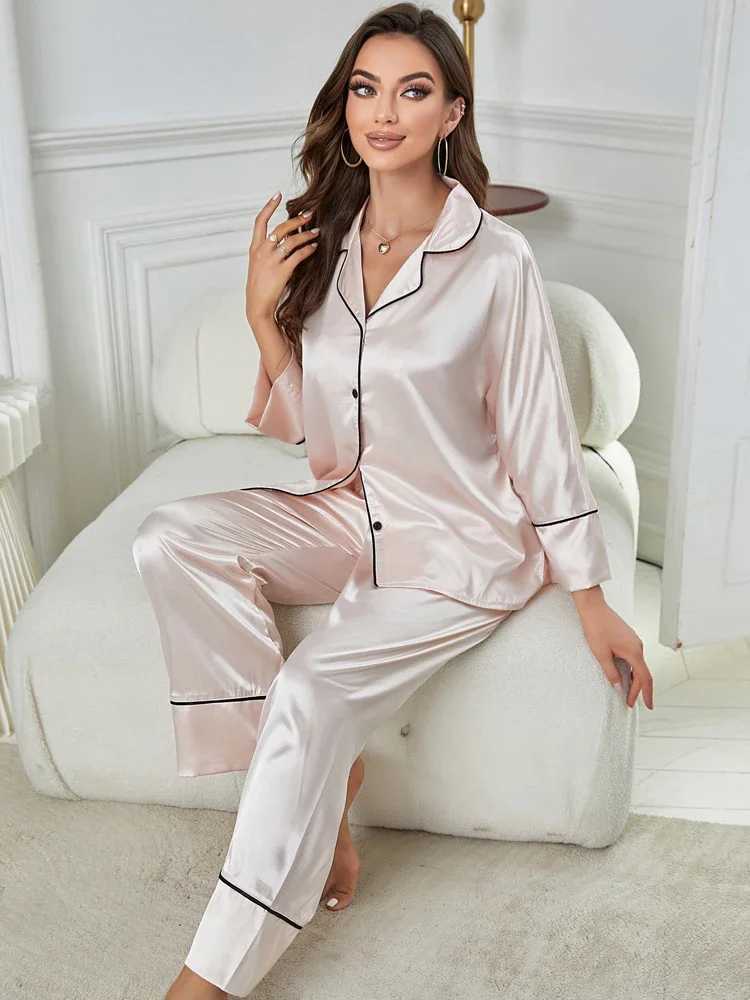 Dames slaapkleding zijden satijn dames pyjama's set lange sleve gekotte kraag top brede lange broek slpwear 2 stuks vrouwelijke nachtkleding lounger y240426