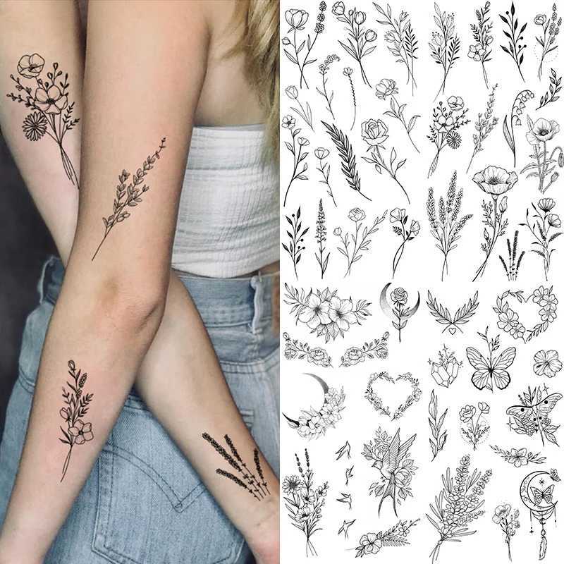 Tatuaż Transfer Czarny duży kwiat Fałsz tatuaż naklejka dla kobiet Rose Peony Tymczasowe DIY Transfer wody Tatuaże Dziewczęta