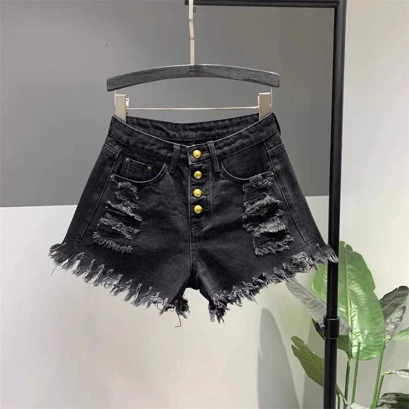 Dames shorts zomer 2024 Nieuwe denim shorts dames persoonlijkheid gescheurd raw button gat hoge taille jeans shorts y2k shorts y240425