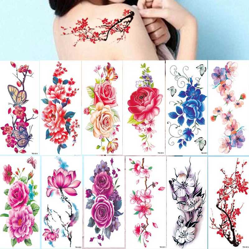 Tattoo Transfer Fake Temporary Tattoos Flower Girls Rose Peony Flash Waterproof Body Arm Art Shoulder DIY Women Sleeve Sticker 240427