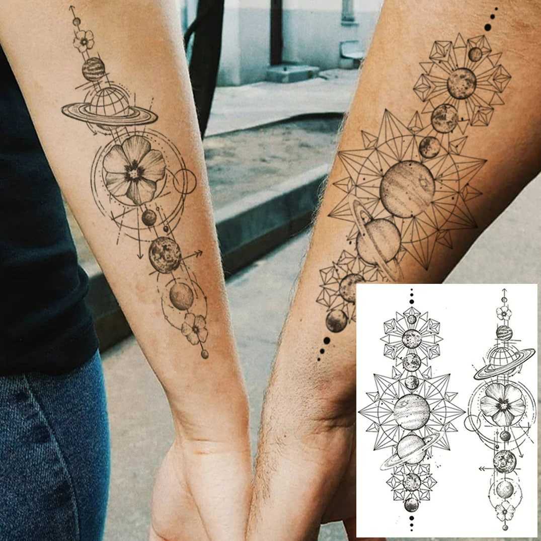 Transfert de tatouage Space créatif tatouages temporaires pour hommes Femmes Planètes astronautes Planètes fausses chaînes Tatoos Temporaire Black Mountain Diy Tatoo Geométrique 240426