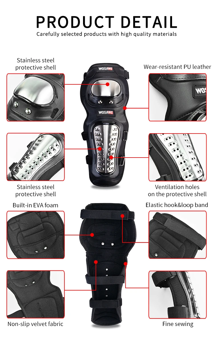 Sécurité Wosawe / Set Elbow Gnee Pads en acier inoxydable Motocycle de protection Motocrost Gear Protecteur Gardes Sports Armor Kit