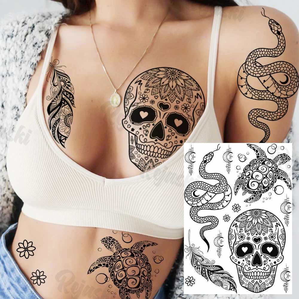 Transfert de tatouage Rejaski Black Henné en dentelle Black Tattoos Tattoos Autocollant pour femmes papillon papillon mehndi false de tatoute autocollant plume flore tatoo 240427