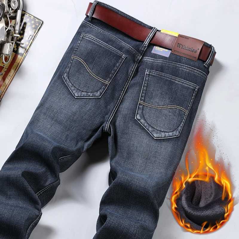 Męskie dżinsy zimowe ciepłe flanelowe elastyczne dżinsy na męską zimę Wysokiej jakości słynne spodnie marki wełny proste pasek Jeansl2404