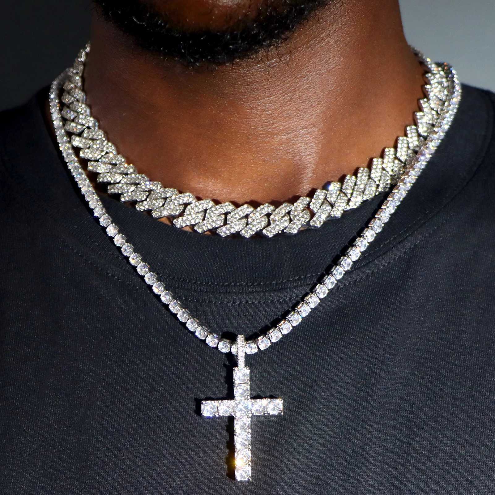 Strands Hip Hop 2-piece Cross Tennis Chain 14MM Prong Cuban Necklace Mens and Womens Iced 2 Rows Cuban Chain Necklace Couple Jewelry 240424