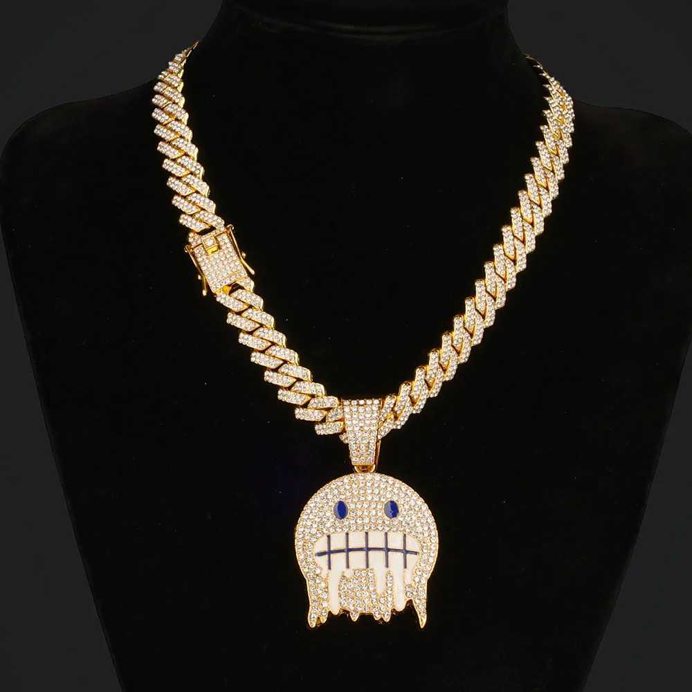 Brins hommes blanc bleu cubique zirconi pendant hip hop rond face collier pendent avec glaçon de chaîne cubique étincelante cz fashion boy bijoux 240424