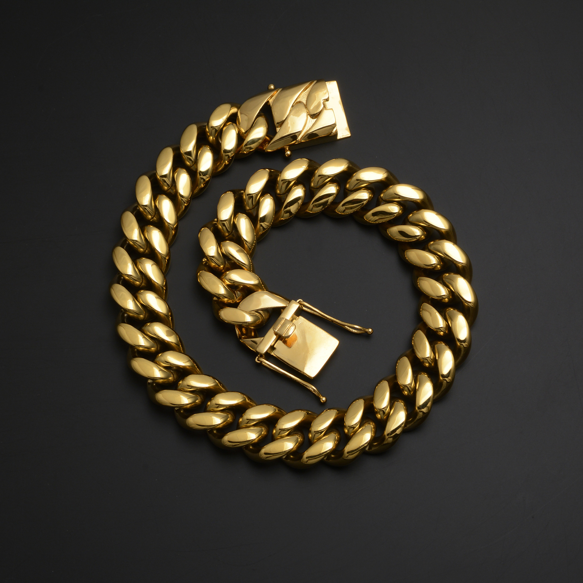 22 mm Hip Hop Solid en acier inoxydable Collier de chaîne cubaine Bracelet 18k plaqué or