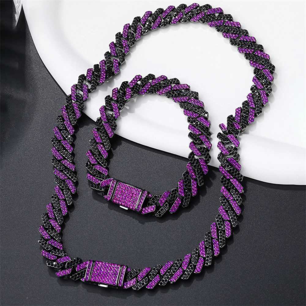 Strängar 12mm Diamond Prong Cuban Link Chain med 2 rader med Purple Ice Out Rhinestone Rapper -halsband för män och kvinnor som kvävar smycken Armband 240424