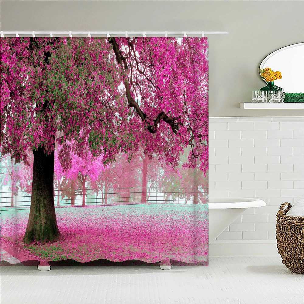 Douche gordijnen roze grote boom natuurlijk bos landschap print waterdichte douchegordijn polyester stof huis badkamer gordijnen met 12 haken