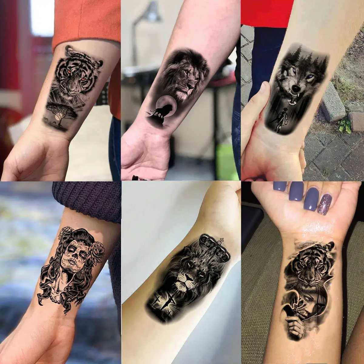 Transferência de tatuagem 60 folhas de tigre de leão ferozes tatuagens temporárias para homens mulheres braço pescoço diabo tatuagem tatuagem preta dragão tatoo tatoo small desgin 240426