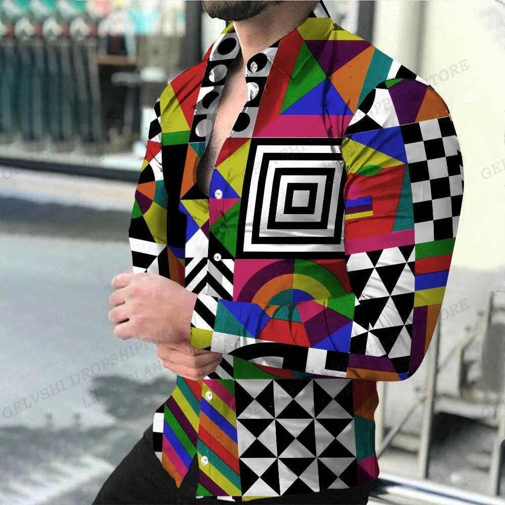 Chemises décontractées pour hommes Lattice Geométrique THEMIRIE MENSE BLOUGE MONDE Longue manche hawaïenne décontractée plage Streetwear Original Vêtements colorés 240424