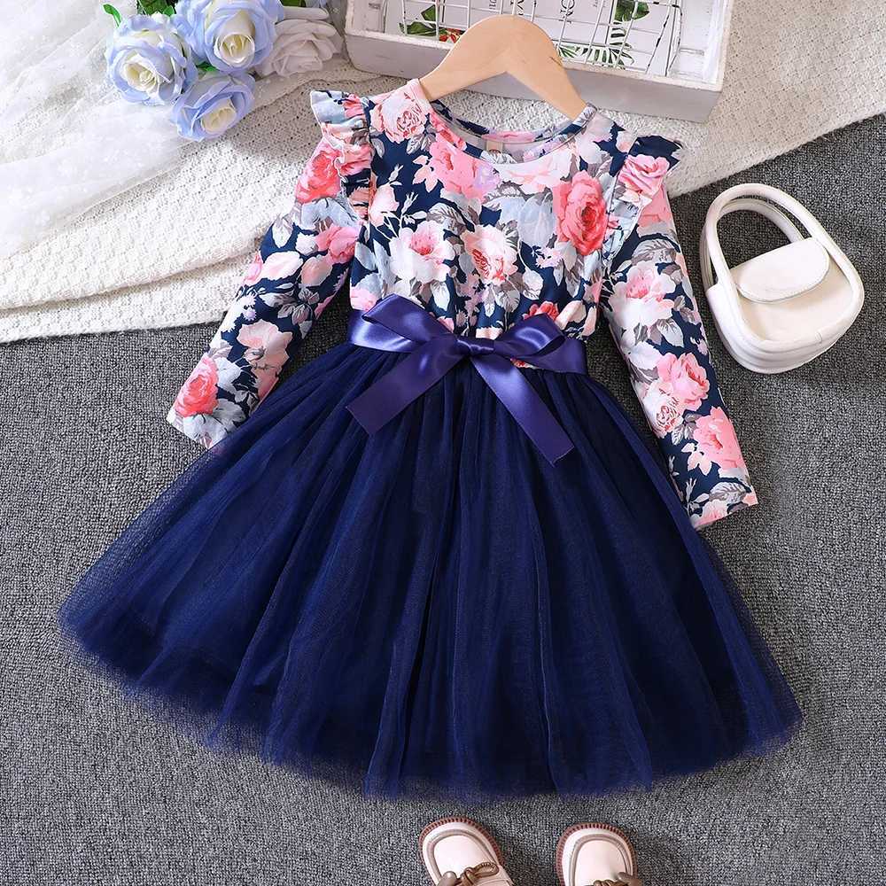 Girl's Dresses New Girls Spring and Autumn Flying Sleeves Long Sleeve Printed Mesh Dress for Primary and Secondary School ChildrenL2404