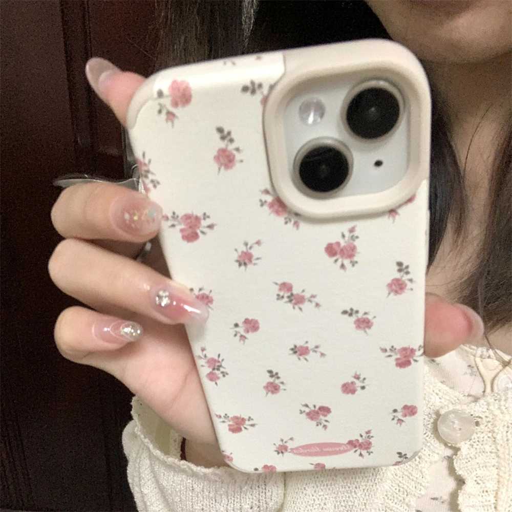 Mobiltelefonfodral Estetiska söta blommor lädertelefonfodral lämplig för iPhone 15 14 12 Pro Max 11 Söt blommakonstsocksocktät mjuk bakåt täckning funna J240426