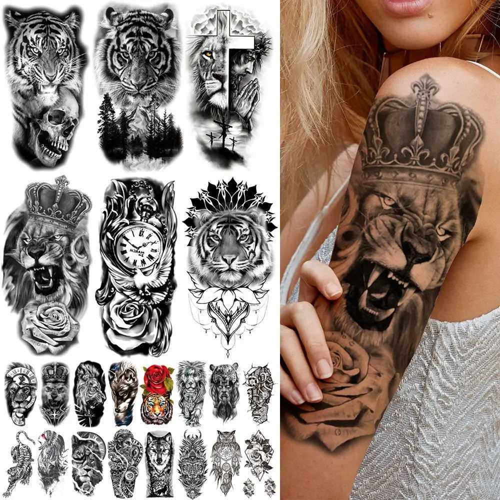 Transfert de tatouage pour femmes hommes Grand Lion tribal guerrier Tiger Wolf Tatouage temporaire tatouage Souleur de tatouage noir Autocollant de tatouage noir Stickers de tatouage 240427