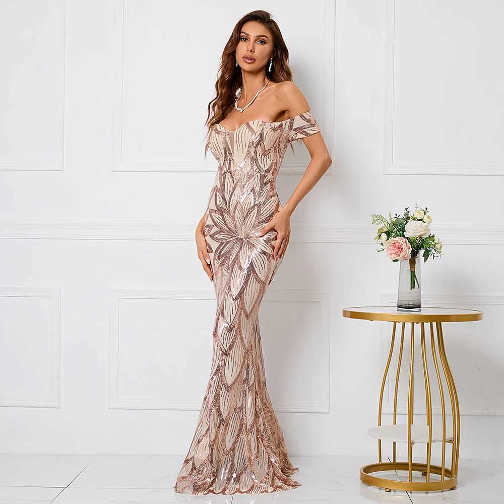 Runway Dresses YIDINGZS Women Elegant Party Maxi Dress Off Shoulder Gold Sequin Evening Dress Long Prom Dress Y240426