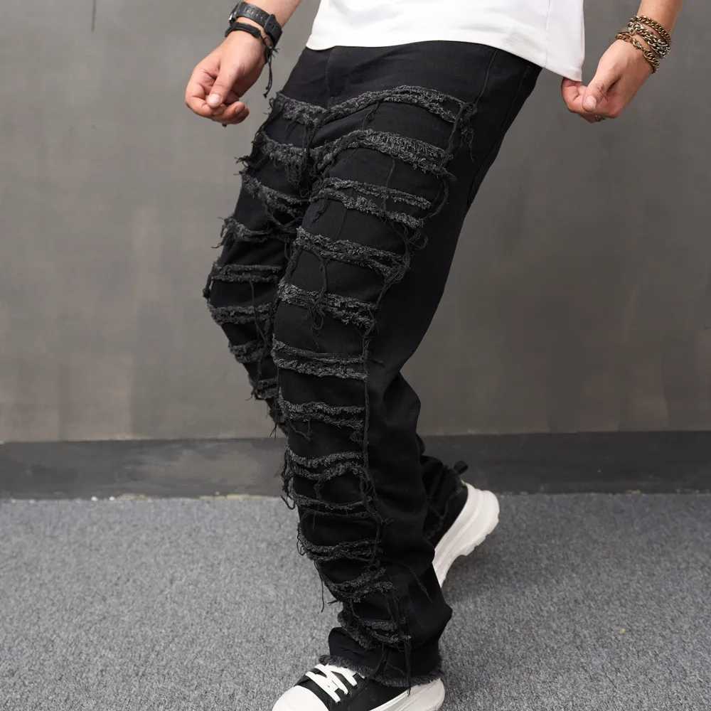 Jeans masculins pour hommes High Street Fashion Tear Patch jeans mens lâches Solide solide décontracté denim Shortsl2404