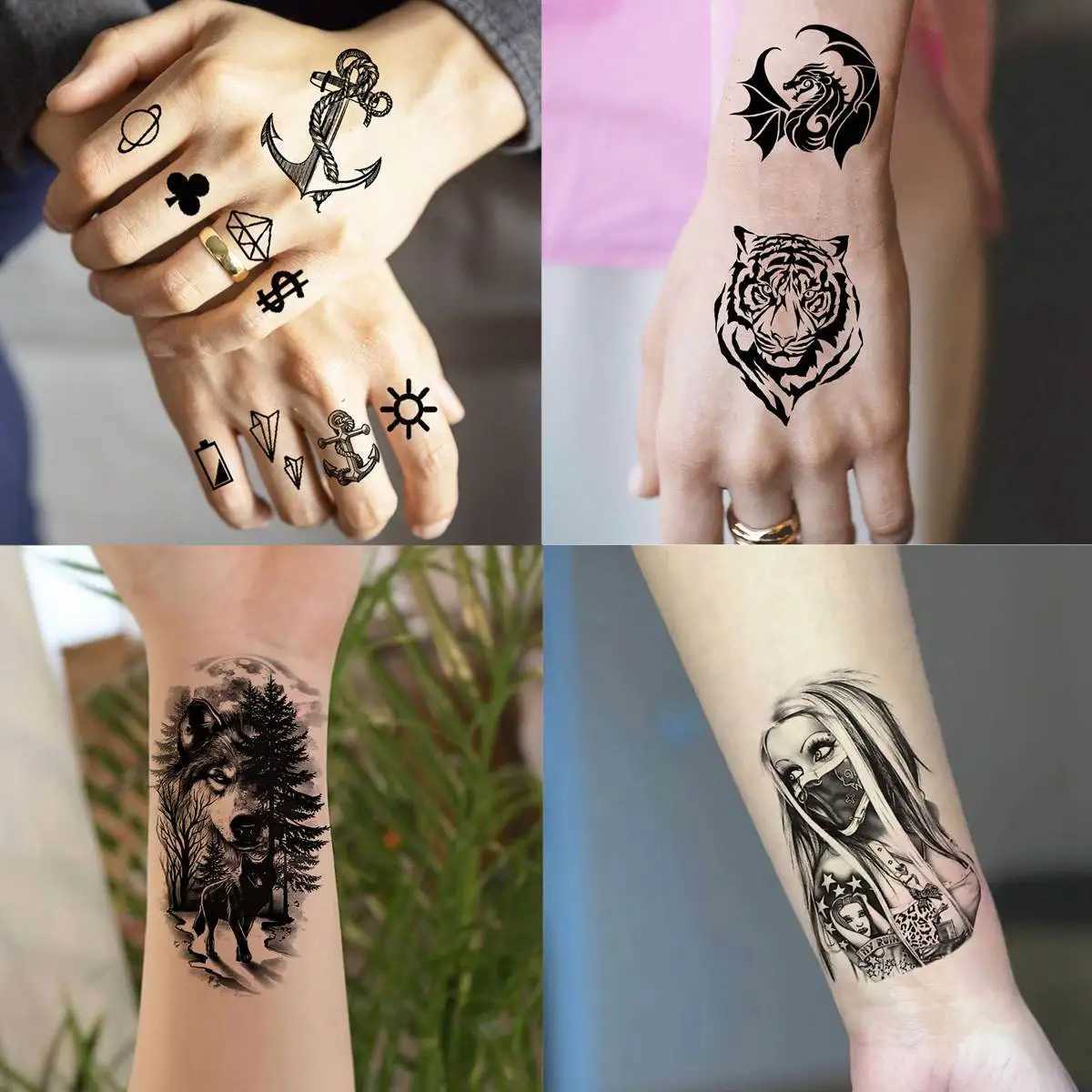 Transferência de tatuagem 60 folhas de tigre de leão ferozes tatuagens temporárias para homens mulheres braço pescoço diabo tatuagem tatuagem preta dragão tatoo tatoo small desgin 240426