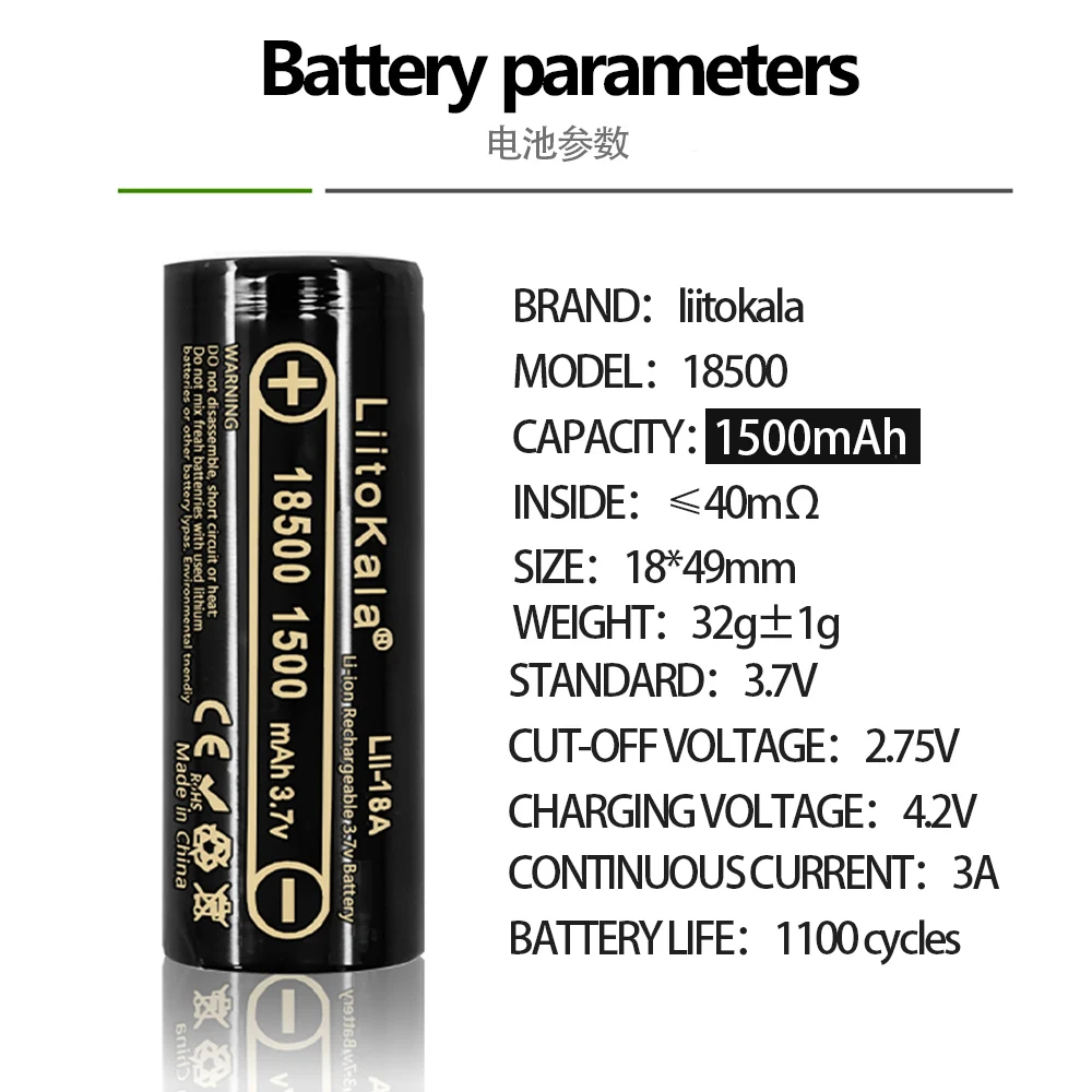 Liitokala 3.7V 18500 1500mAh Uppladdningsbart litiumbatteri 3.7V Strong Light Ficklight Anti-Light Special Litium Battery