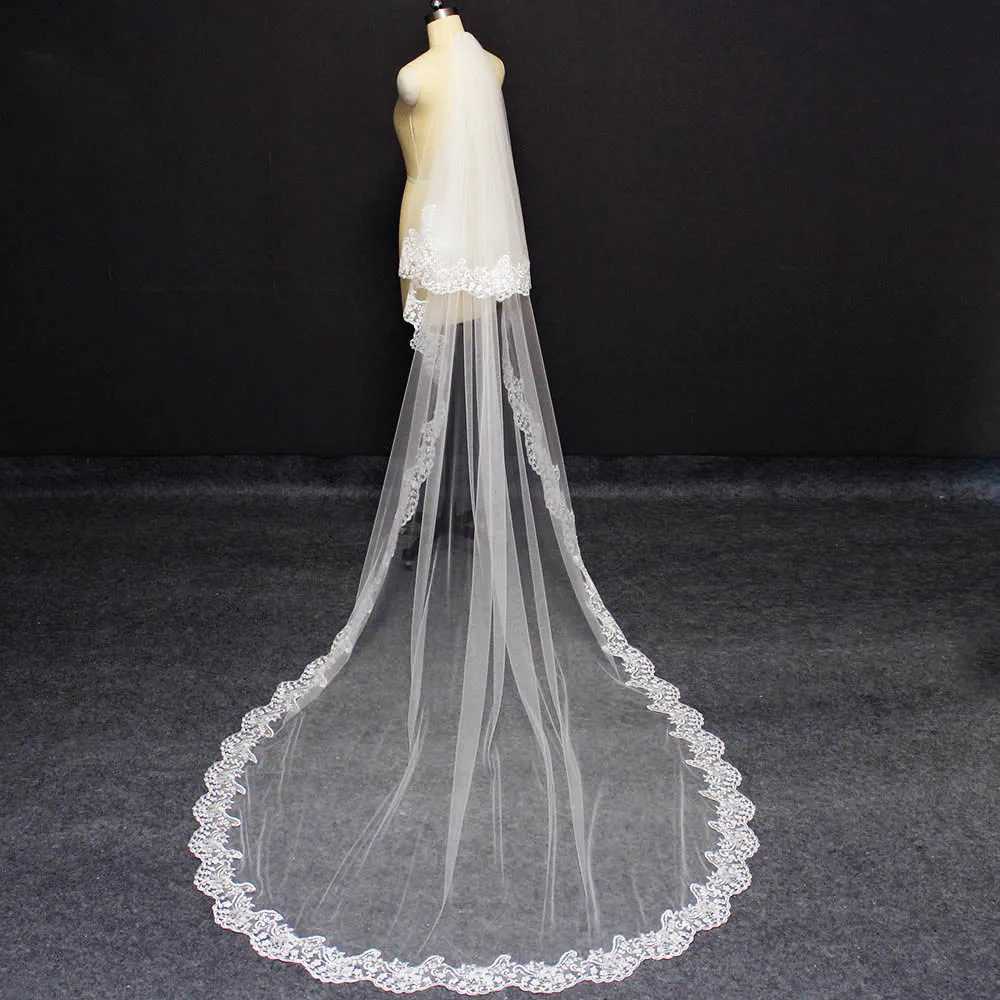 Jóias para cabelos de casamento elegante 2 camadas véu de casamento com pente de 3 metros 2t de marfim branco de renda longa véu de noiva com chapéu de noiva blush
