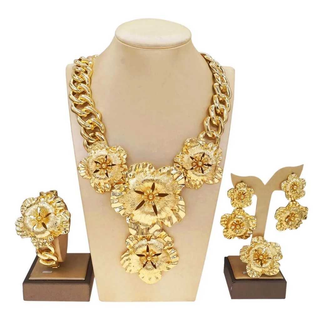 Strands Women Biżuteria Zestaw kubańskiego łańcucha naszyjnika złota w zawieszek kwiatowy włoski złote kolczyki luksusowe przyjęcie weselne Bijoux 240424