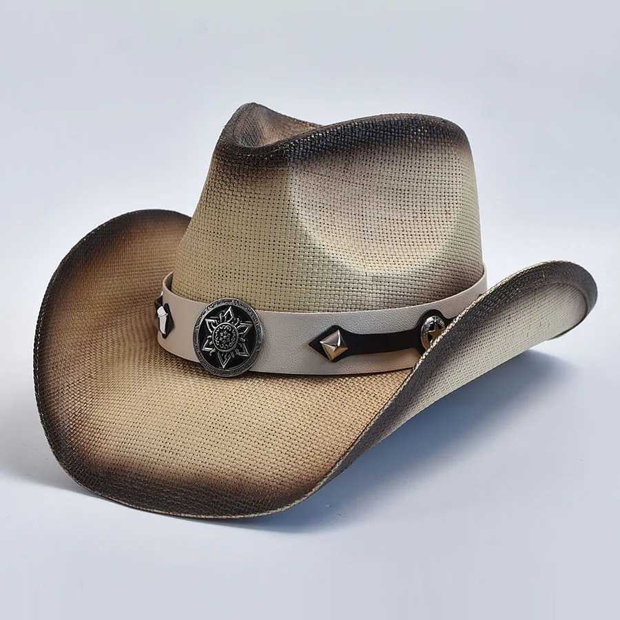Szerokie czapki krawędzi czapki czapki w stylu zachodni słomy czapki dla mężczyzn Summer Beach Sun Hat Vintage Cowgirl Jazz Hat Sombrero Hombre Y240425