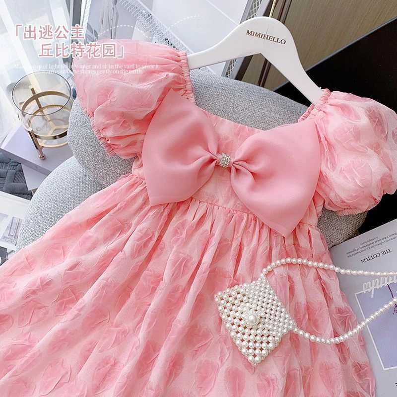 Robes de fille Baby Girls Robe Summer Stars Elegant Pink Princess Robe avec super grand arc Kids Birthday Party Clothes Enfants Puffy Dressl2404