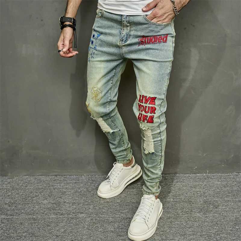 Herren Jeans Herren Retro -Stil Stickerei Tränenhip Hop Ultra dünner Bleistift Jeans Herren Elastic Hole Casual Jeans Troussersl2404