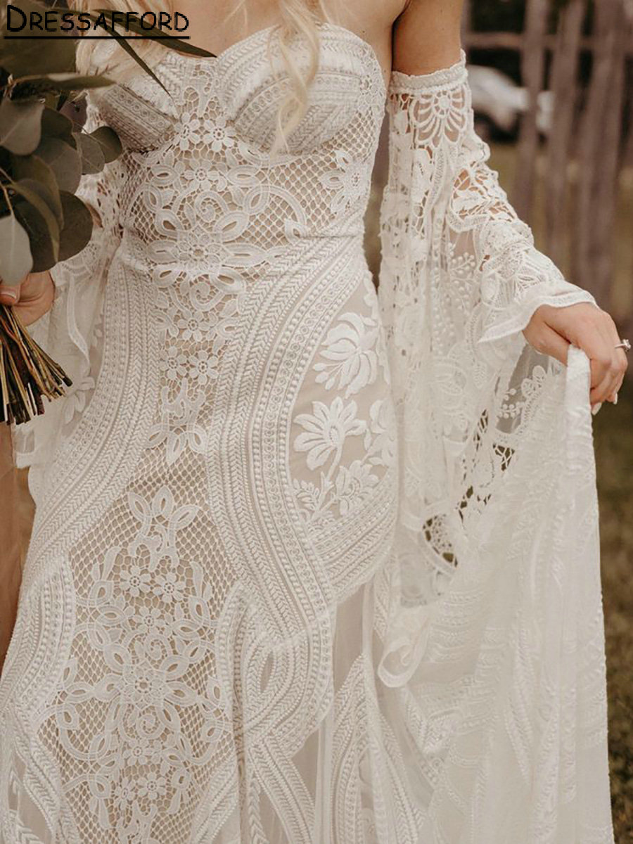 Boheemse lieverd Appliques Lace Mermaid Wedding Jurken Afneembare mouw Bridal Jurys Robe de Mariee