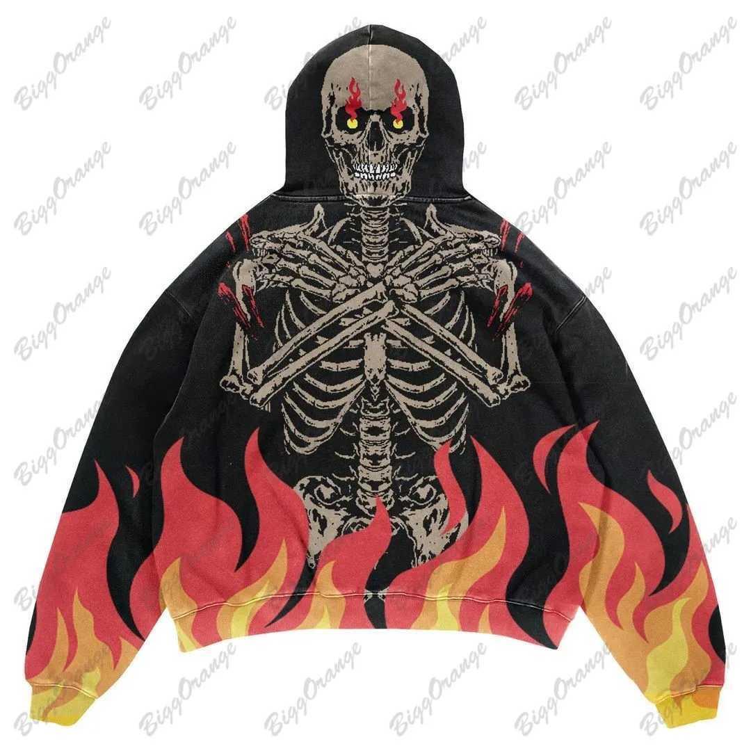 Moletom moletons masculinos Y2K Europeu e American Retro Flame Dark Skull Print Pullover LOLH