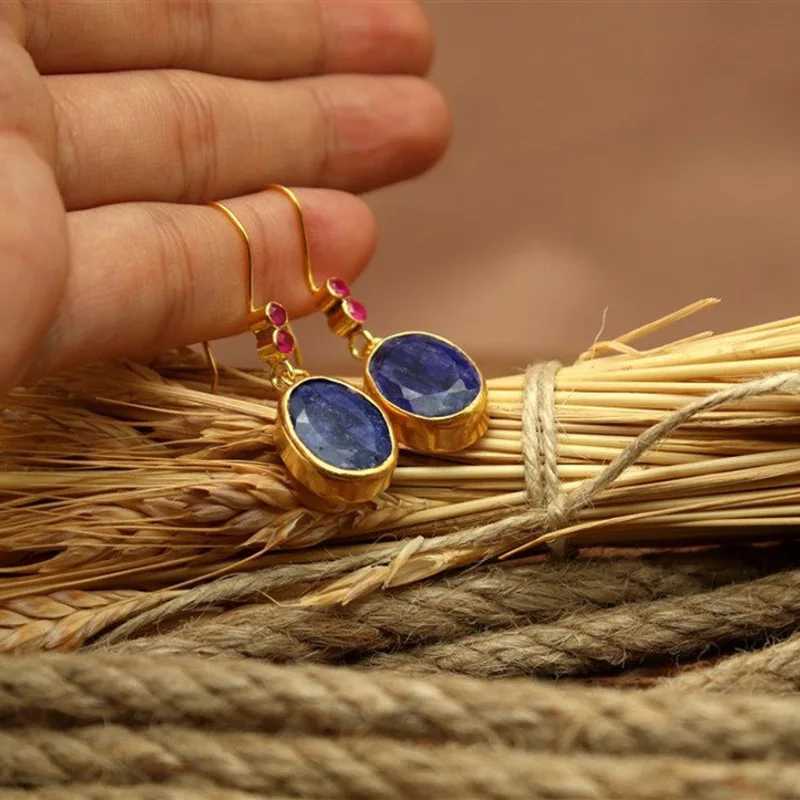 Dangle żyrandol etniczne okrągłe niebieskie kamienne kolczyki dla kobiet w stylu vintage biżuteria antyczna złoto kolor czerwony kamień geometria metalowa kolczyki