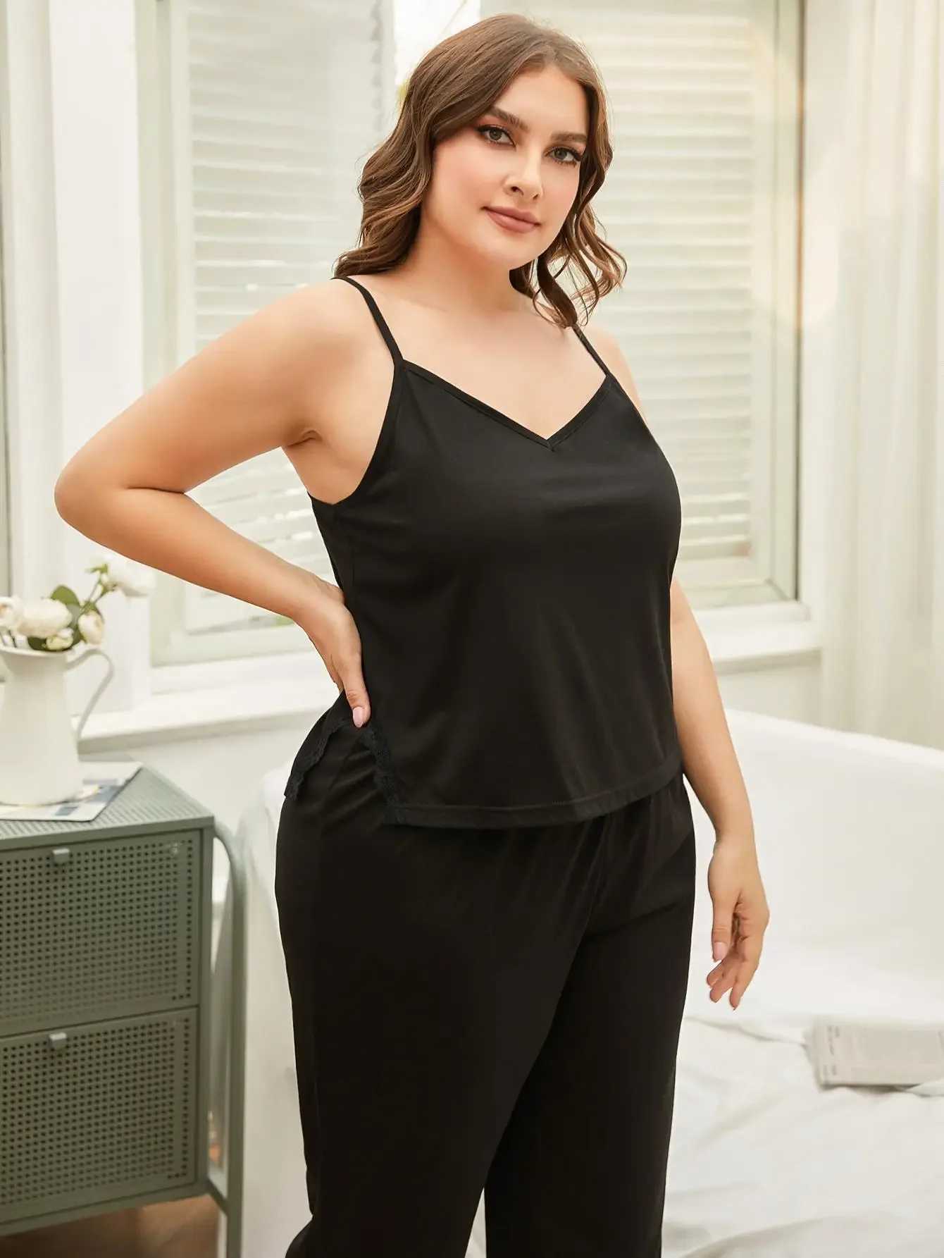 Women's Sleepwear V Neck Slveless Women Pajama Set Plus Size Lace Hem Slpwear Side Plit Top Long Pants Nightwear Homewear Clothes Y240426