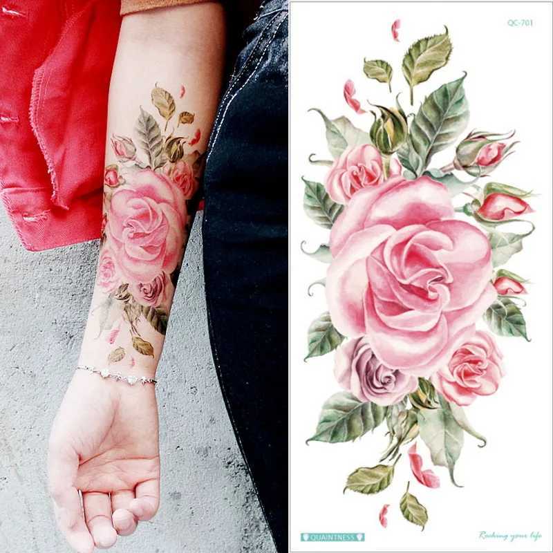 Tattoo Transfer sexy Frauen Temporäre Tattoos realistischer Lotus Rose Blumenarm Arm Tattoo Aufkleber wasserdichte Henna Körperkunst gefälschte Tatoo Make -up Abziehbilder 240427