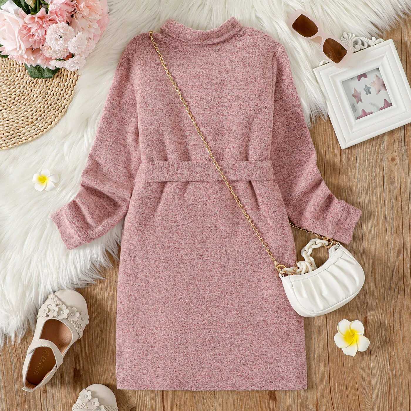 Girl's Dresses Kid Girl Solid Color Turtleneck Belted Long-sleeve Dress Bag is not included Perfect for Outings and Daily WearL2404