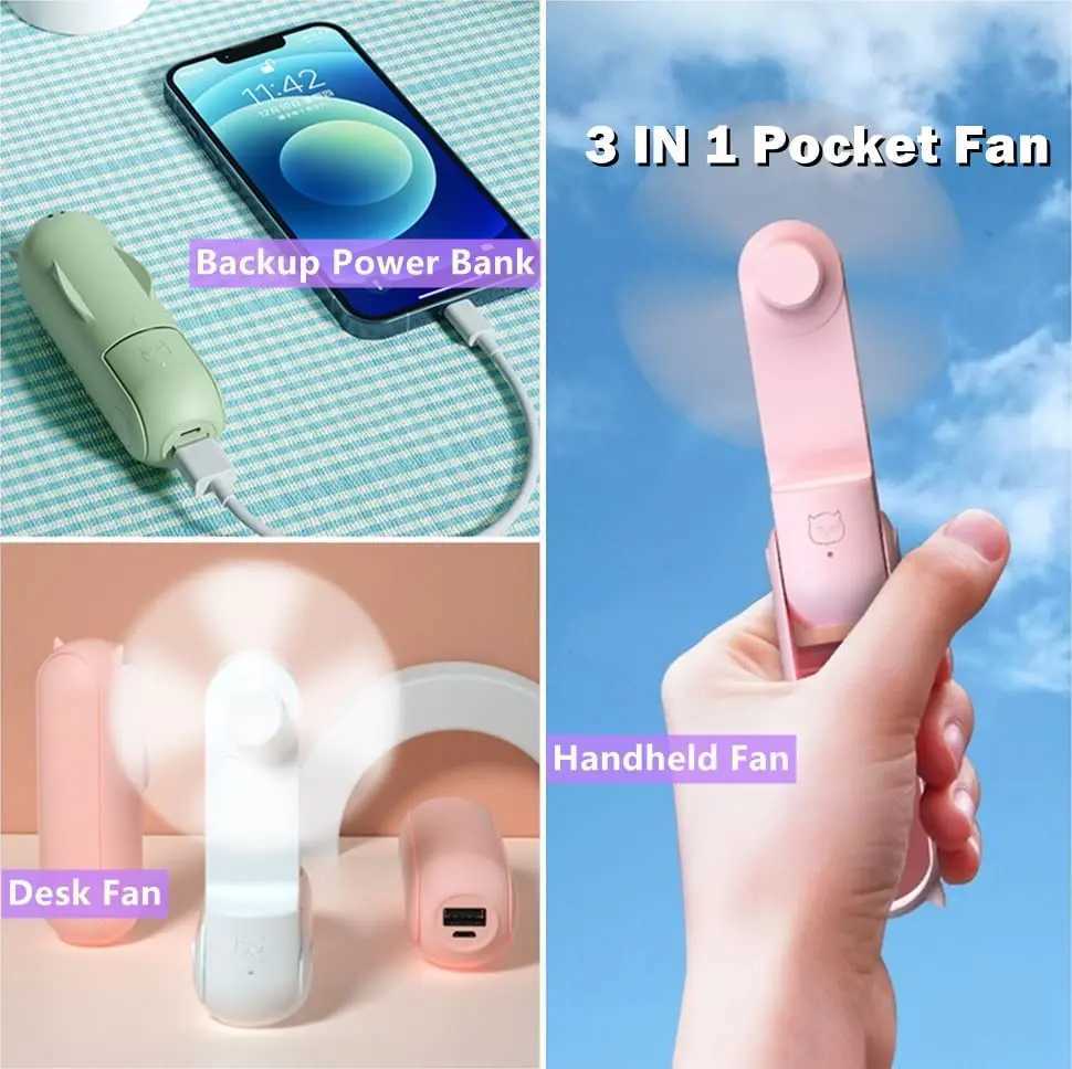 Electric Fans Mini Portable Personal Handheld Fan - USB laddningsbar liten fickfläkt med 3 hastigheter justerbar batteridriven hand