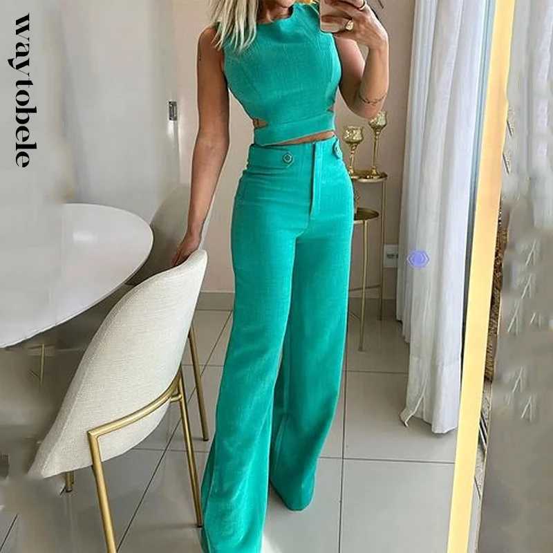 Women's Two Piece Pants Waytobele Women Two Piece Set Summer Casual Solid Round Neck Slveless Hollow Out Top Loose Wide Legs Pants Set High Strtwear Y240426