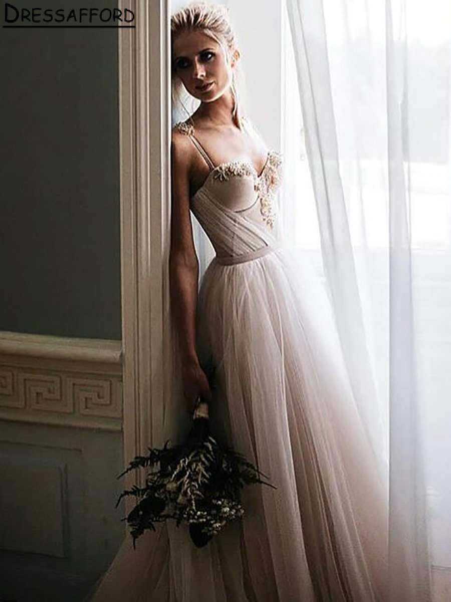 Eleganckie paski spaghetti plisowane sukienki ślubne A-Linia ślubna Kryształowe aplikacje koronkowe sukienki ślubne