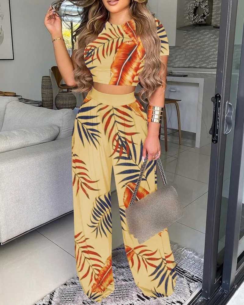 Women's Two Piece Pants Summer Two Piece Set Women Fashion Casual Round Neck Print Short Tshirt Wide-leg Pants Suit Beach Style Two Piece Set Women Y240426