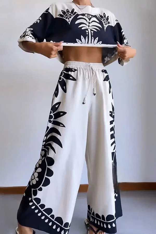 Women's Two Piece Pants Summer Fashion Print Two Piece Set Women Casual Loose Short Tshirt Wide Leg Pants Two Piece Set Women Y240426