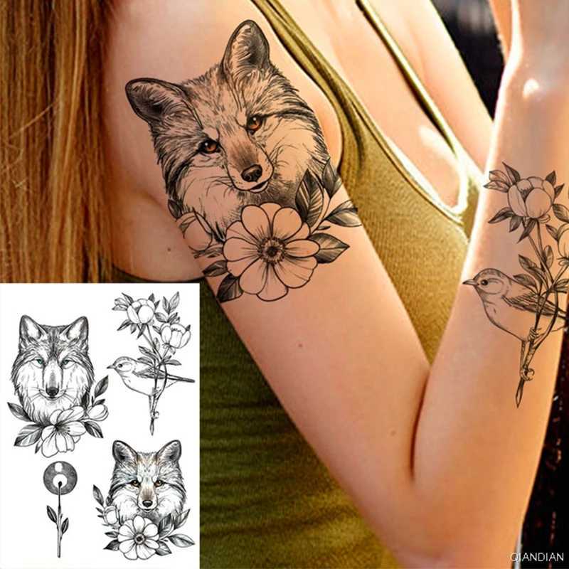 Tattoo Transfer Large Tiger Lion Black Flower Fake Tattoo Sticker For Women Rose Fox BirdTemporary Tattoos DIY 3D Water Transfer Tatoos Girl Man 240427