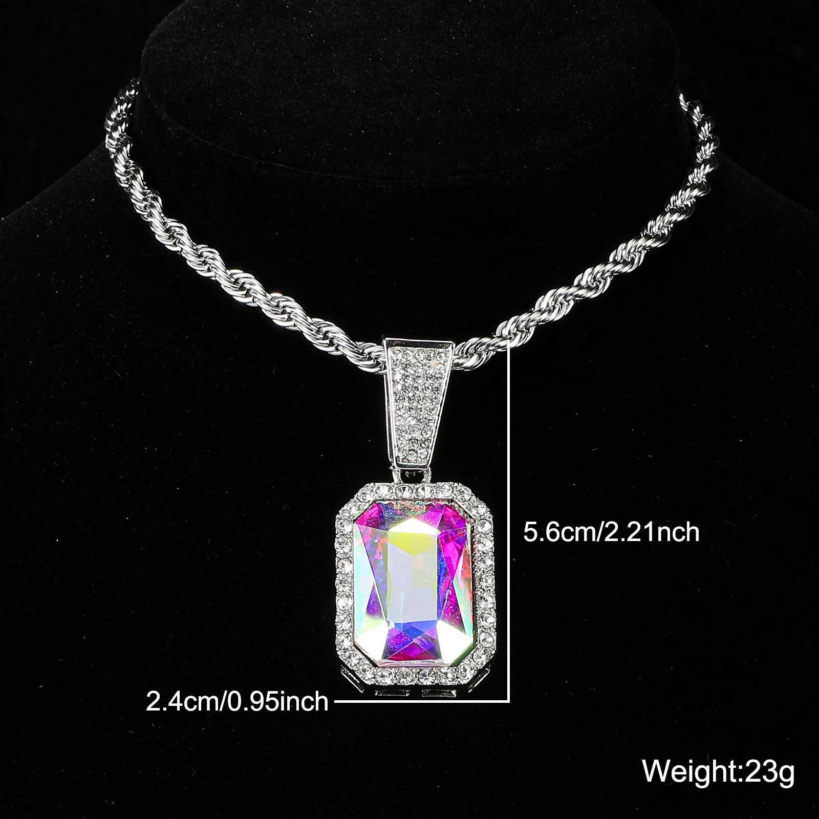 Strands HIP Iced Out Square pendant with 13mm Cuban Link chain rhinestone necklace suitable for men and women rapper jewelry 240424