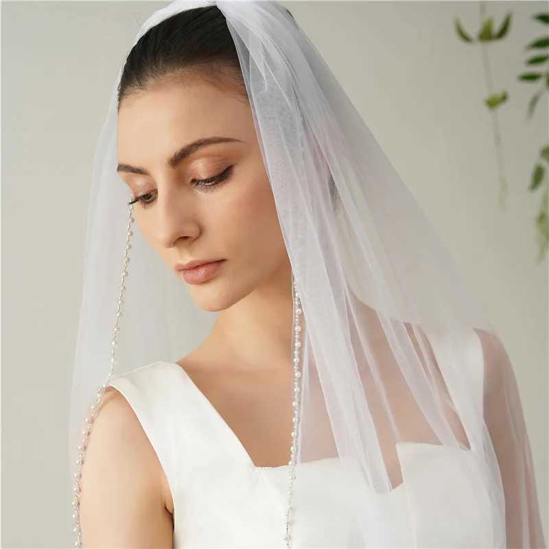 Cabelo de casamento pérolas de pérolas de borda de borda de casamento tule 1t véu de noiva de uma camada véu de festa de noiva com acessórios de casamento de pente