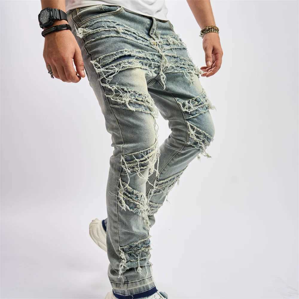 Jeans masculin mens vintage lâches de larmes de larme jeans mens solide décontracté denim droit denim trantsl2404