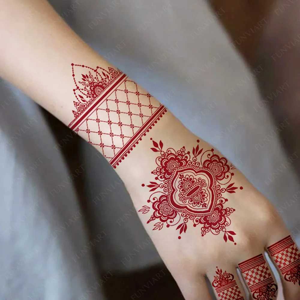 Tatuagem Transferência de tatuagem Maroon Henna Tattoo Stickers Tatuagens temporárias à prova d'água para o corpo da mão mehndi Tatoo falso para mulheres conjunto de tatuagens de flores 240426