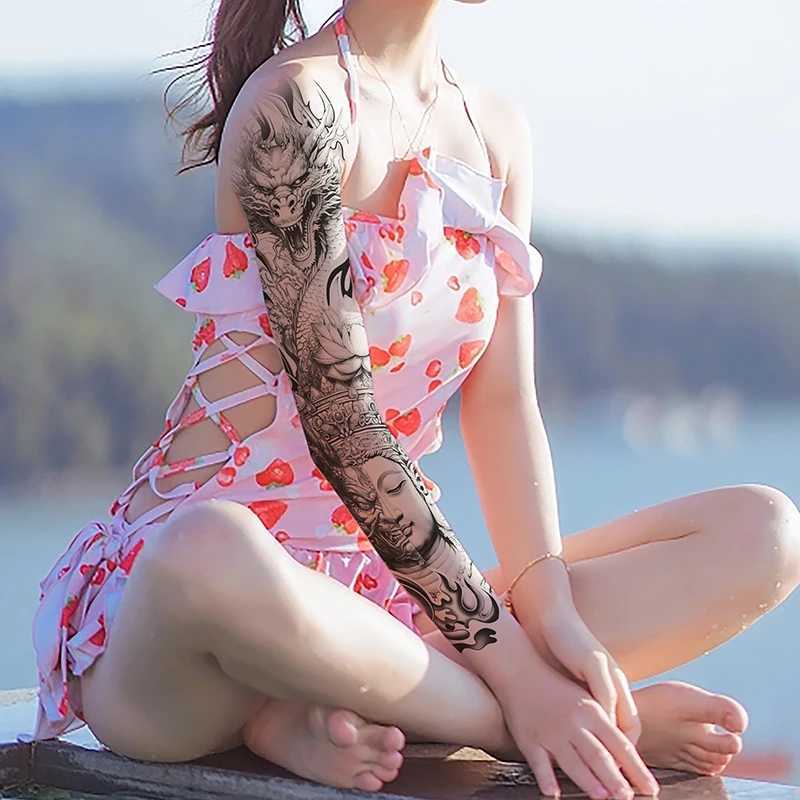 Tattoo Transfer Colorful Temporary Tattoo Women Peony Fish Tattoo Body Leg Thigh Full Arm Sleeve Tattoo Stickers Sexy Waterproof Big Size 240426